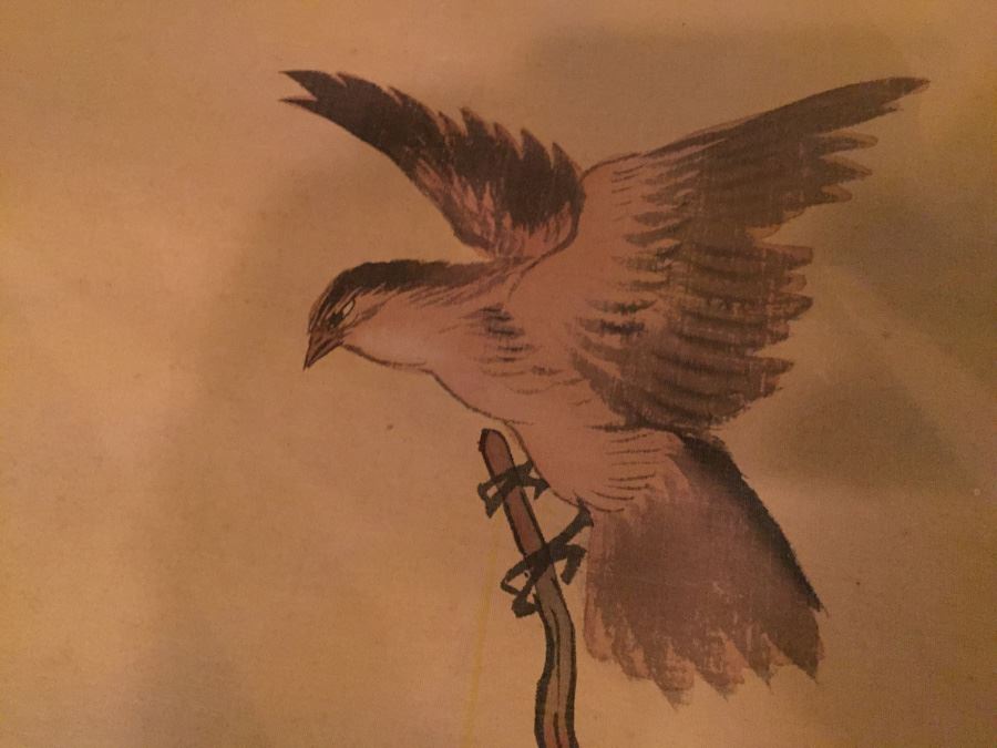 Large Old Asian Scroll Depicting Warrior Holding A Staff With Bird Perched Atop Of Staff Signed On Front And Back [Photo 5]