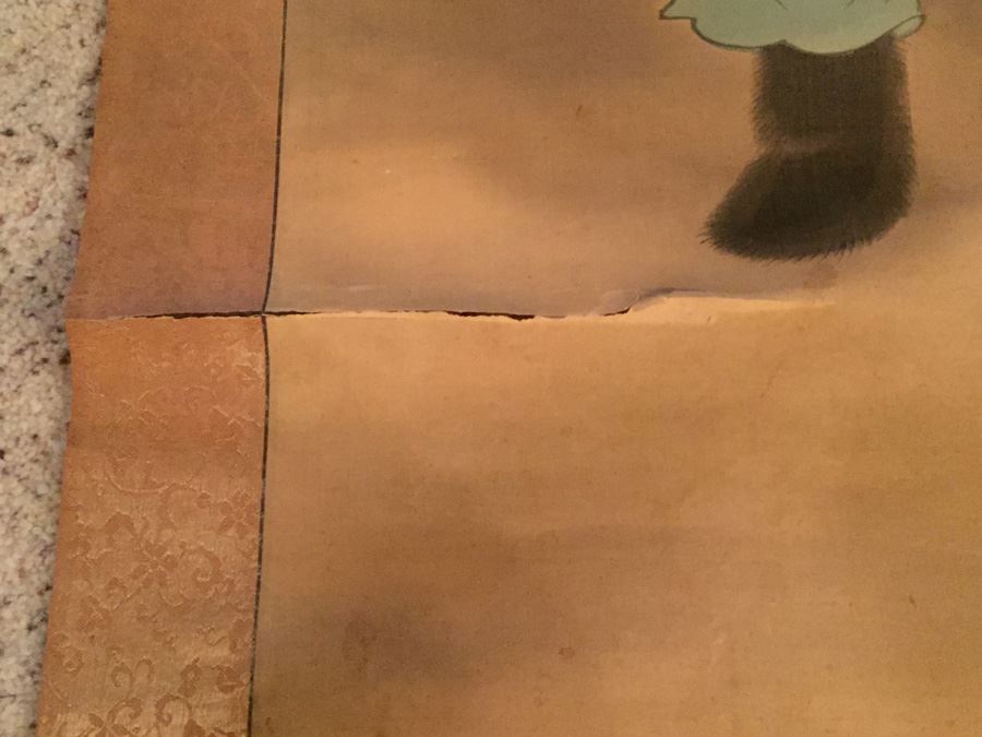 Large Old Asian Scroll Depicting Warrior Holding A Staff With Bird Perched Atop Of Staff Signed On Front And Back [Photo 13]