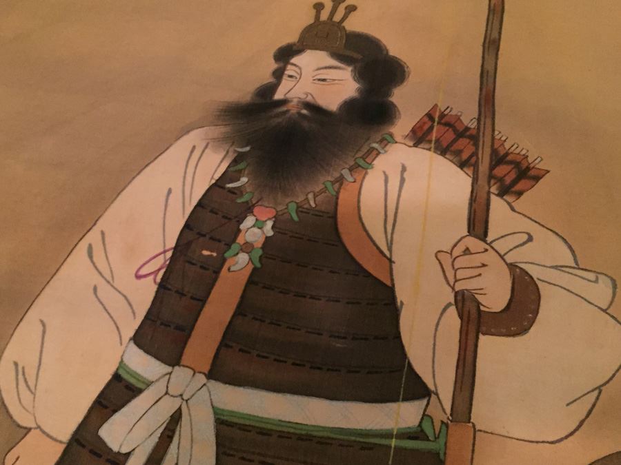 Large Old Asian Scroll Depicting Warrior Holding A Staff With Bird Perched Atop Of Staff Signed On Front And Back [Photo 9]