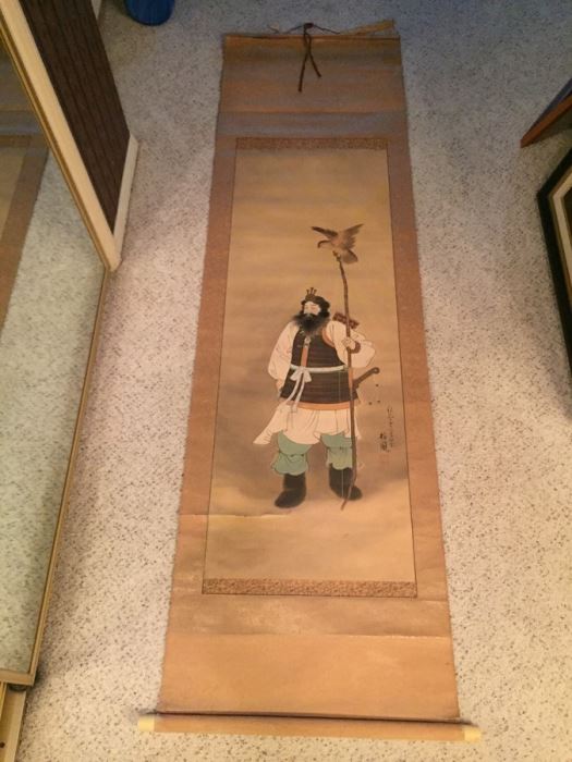 Large Old Asian Scroll Depicting Warrior Holding A Staff With Bird Perched Atop Of Staff Signed On Front And Back
