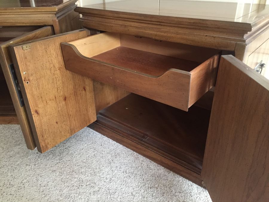 Pair Of American Of Martinsville Nightstands With Glass Tops Wood With Brass Hardware [Photo 7]