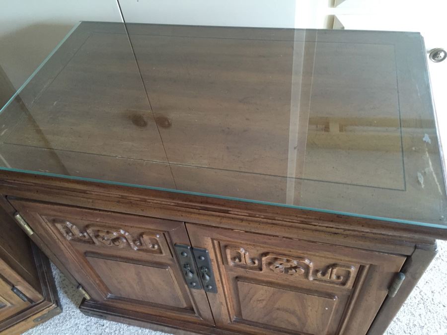 Pair Of American Of Martinsville Nightstands With Glass Tops Wood With Brass Hardware [Photo 9]