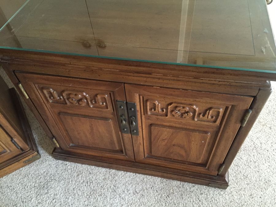 Pair Of American Of Martinsville Nightstands With Glass Tops Wood With Brass Hardware [Photo 10]