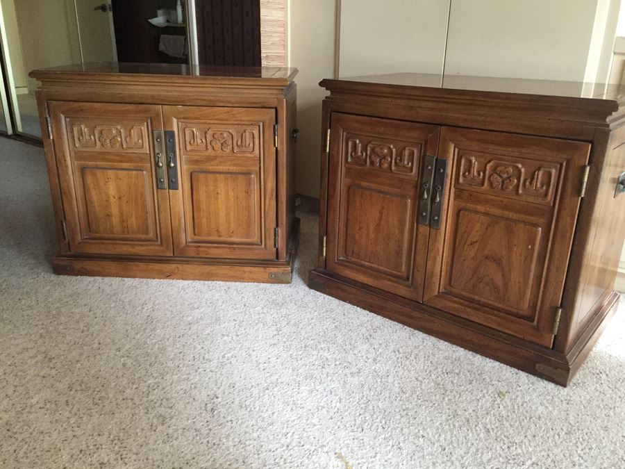 Pair Of American Of Martinsville Nightstands With Glass Tops Wood With Brass Hardware [Photo 1]