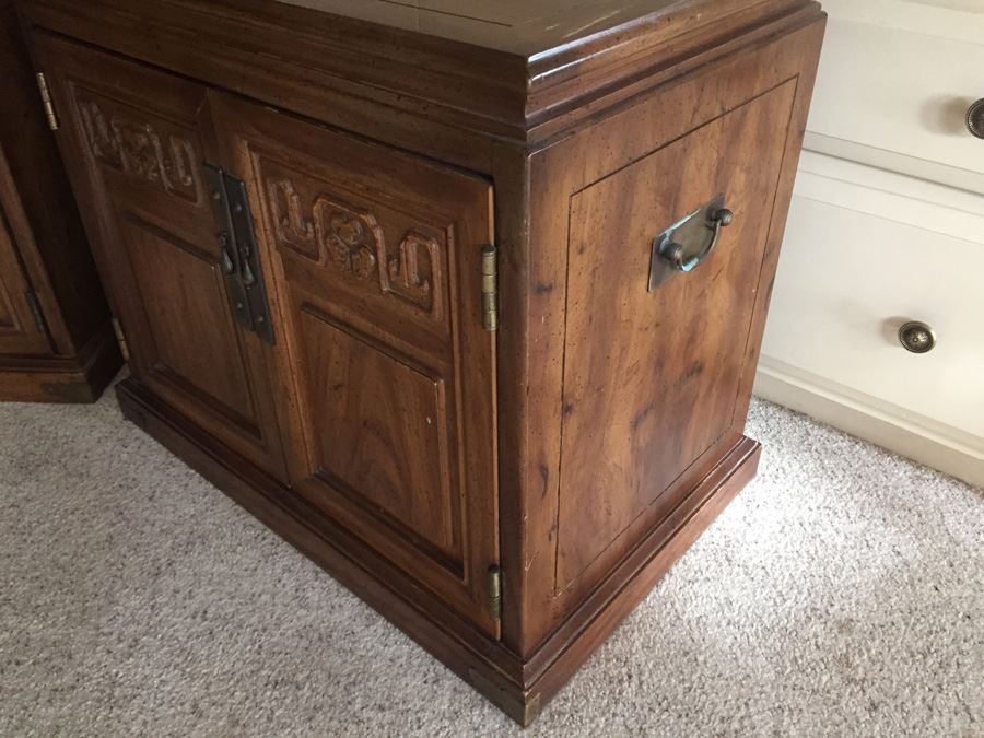 Pair Of American Of Martinsville Nightstands With Glass Tops Wood With Brass Hardware [Photo 6]