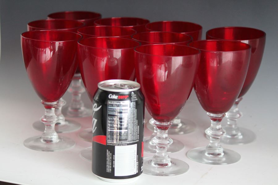 Set Of 11 Red And White Stemware Glasses