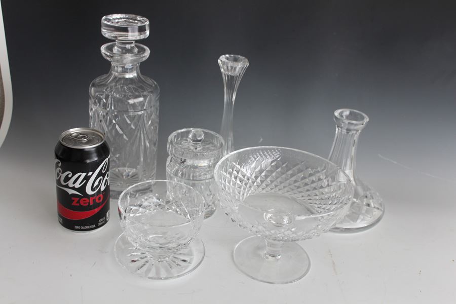 Large Crystal Lot With Decanter, Footed Bowls, And Candle Stands