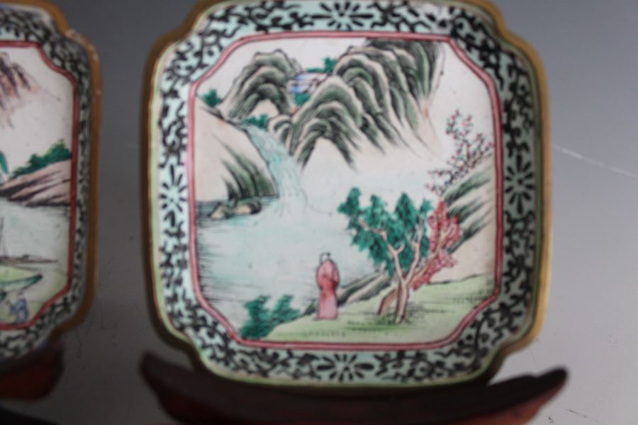Set Of Four Chinese Small Enamel Tray Hand Painted With Ornate Wooden Display Stands [Photo 8]