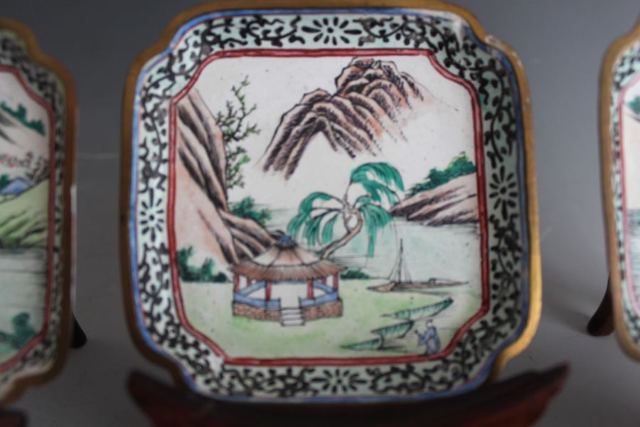 Set Of Four Chinese Small Enamel Tray Hand Painted With Ornate Wooden Display Stands [Photo 7]