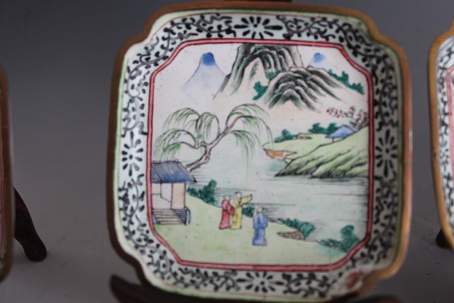 Set Of Four Chinese Small Enamel Tray Hand Painted With Ornate Wooden Display Stands [Photo 6]