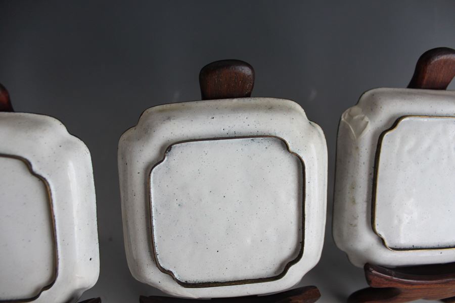 Set Of Four Chinese Small Enamel Tray Hand Painted With Ornate Wooden Display Stands [Photo 10]