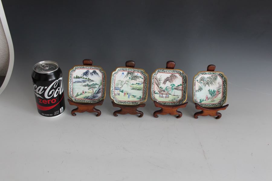 Set Of Four Chinese Small Enamel Tray Hand Painted With Ornate Wooden Display Stands