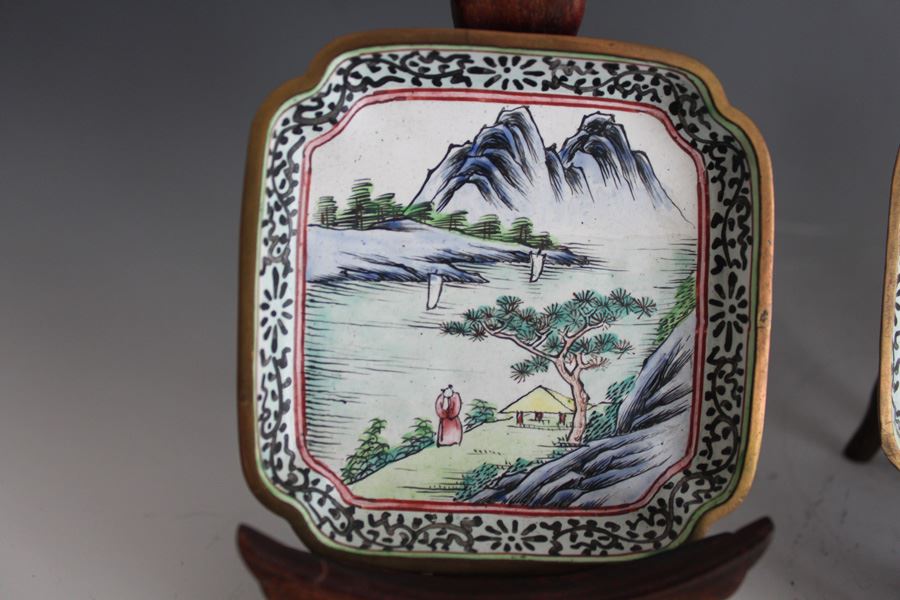 Set Of Four Chinese Small Enamel Tray Hand Painted With Ornate Wooden Display Stands [Photo 3]