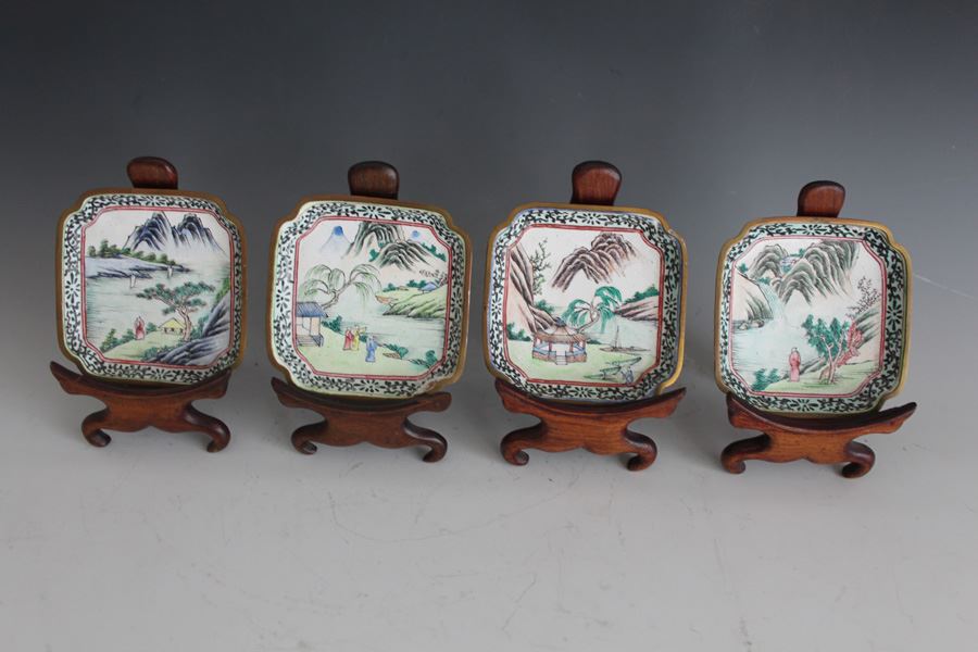 Set Of Four Chinese Small Enamel Tray Hand Painted With Ornate Wooden Display Stands [Photo 5]