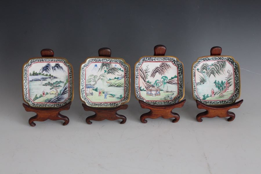 Set Of Four Chinese Small Enamel Tray Hand Painted With Ornate Wooden Display Stands [Photo 4]