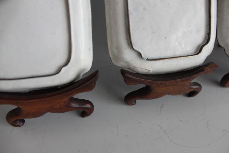 Set Of Four Chinese Small Enamel Tray Hand Painted With Ornate Wooden Display Stands [Photo 11]