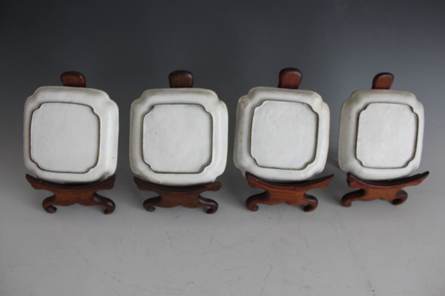 Set Of Four Chinese Small Enamel Tray Hand Painted With Ornate Wooden Display Stands [Photo 2]