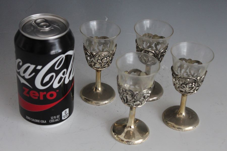 Set Of Four Metal And Glass Stemware Glasses