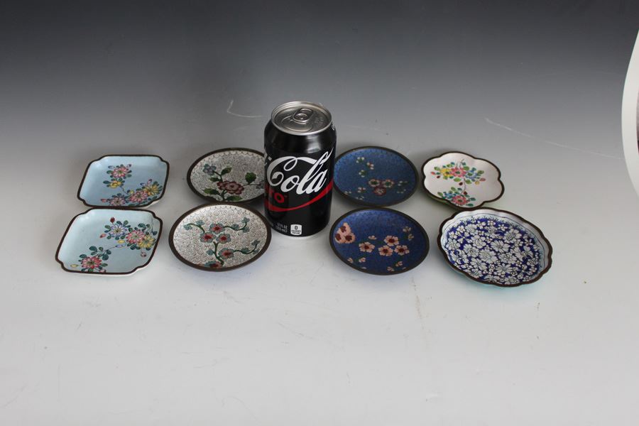 Set Of Eight Chinese Small Enamel Trays Bowls Hand Painted Cloisonne