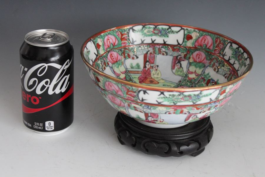Signed Chinese Bowl With Wooden Stand [Photo 1]