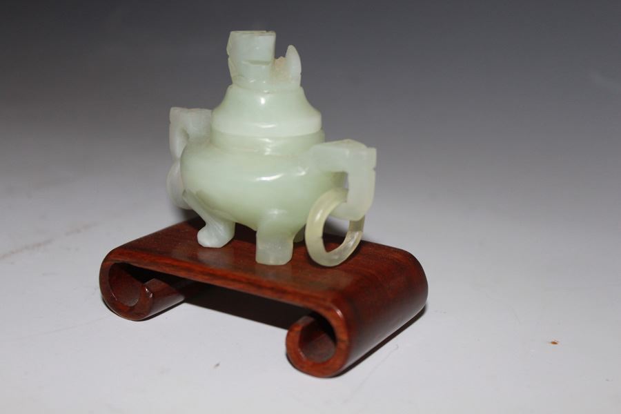 Old Carved Jade Incense Burner Lidded Bowl With Rings And Wooden Stand [Photo 5]