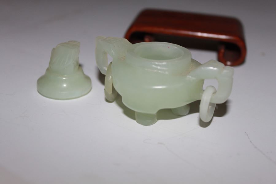 Old Carved Jade Incense Burner Lidded Bowl With Rings And Wooden Stand [Photo 7]
