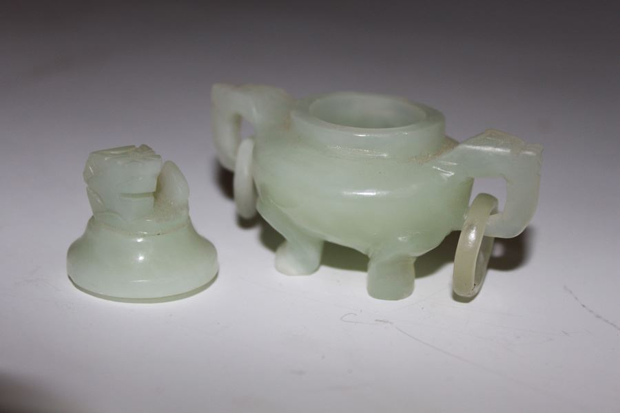Old Carved Jade Incense Burner Lidded Bowl With Rings And Wooden Stand [Photo 2]