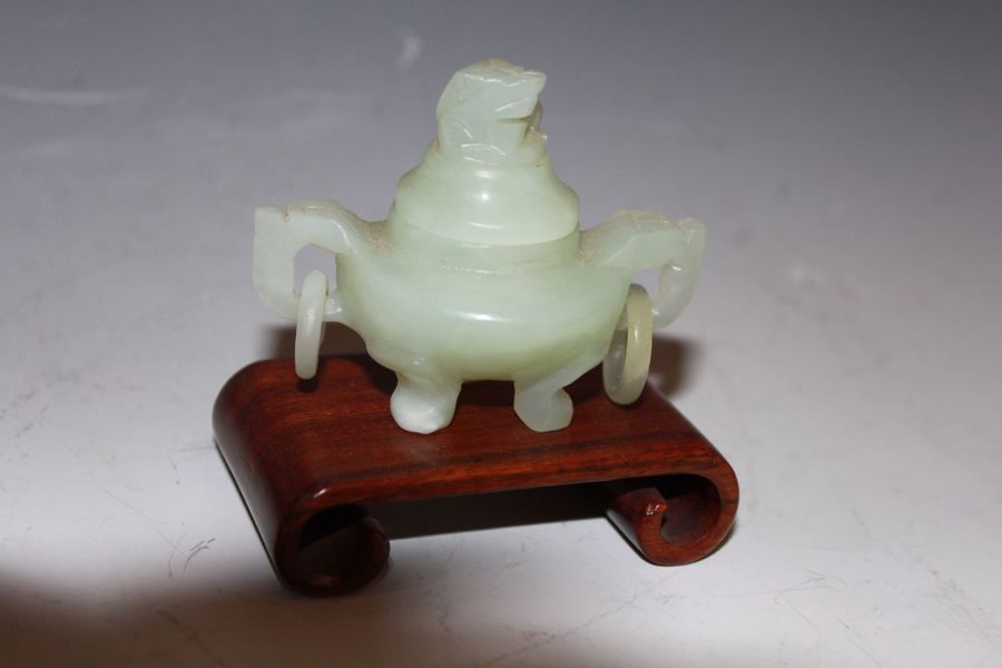 Old Carved Jade Incense Burner Lidded Bowl With Rings And Wooden Stand [Photo 4]