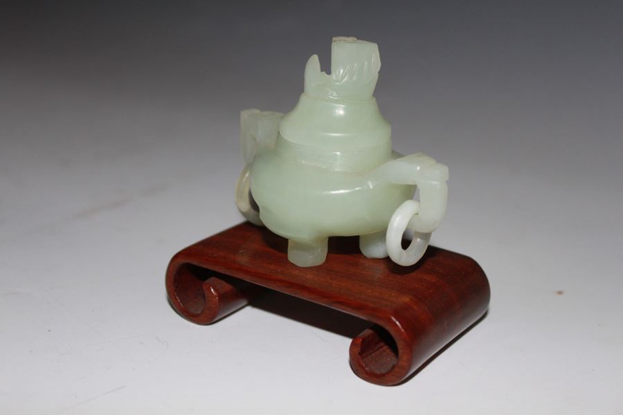 Old Carved Jade Incense Burner Lidded Bowl With Rings And Wooden Stand [Photo 6]