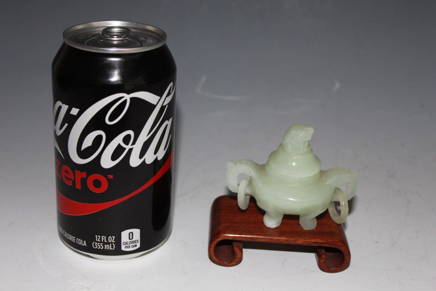Old Carved Jade Incense Burner Lidded Bowl With Rings And Wooden Stand