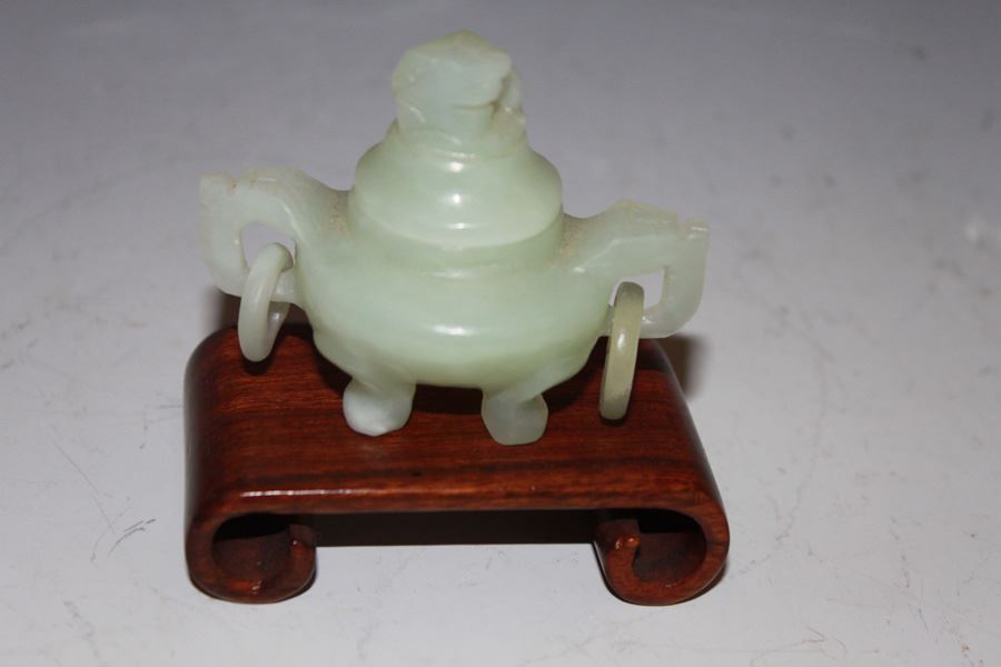 Old Carved Jade Incense Burner Lidded Bowl With Rings And Wooden Stand [Photo 3]