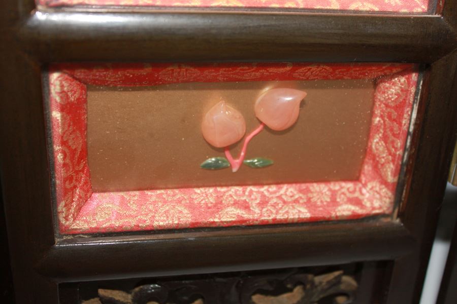 20th Century Chinese Black Lacquer Four Panel Table Screen With Inlay Jade And Semi Stone On Gold Lacquer Ground Taiwan - Estimate $400 [Photo 8]