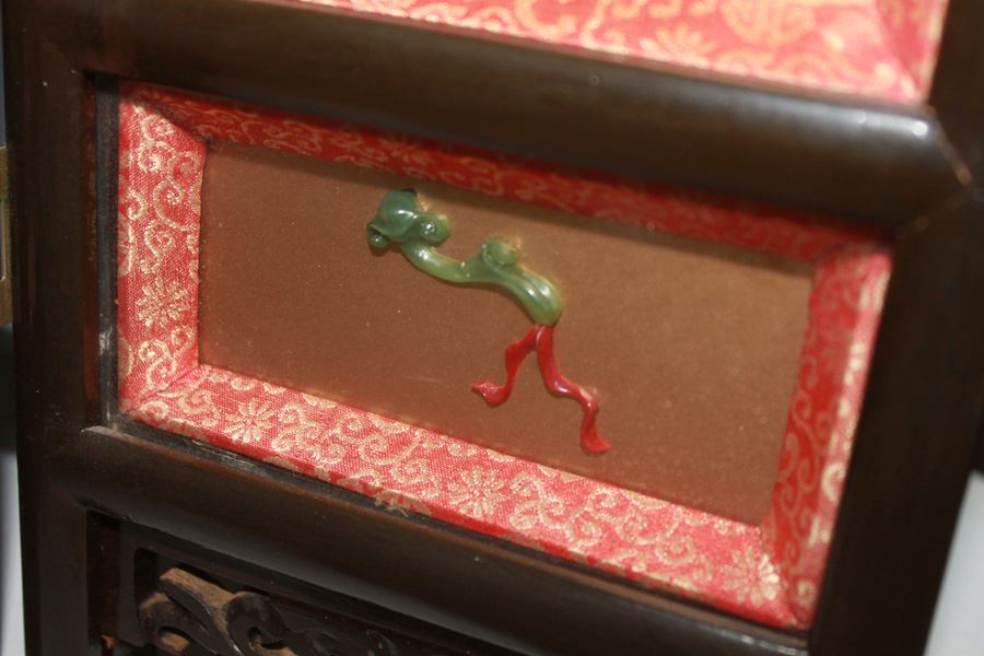 20th Century Chinese Black Lacquer Four Panel Table Screen With Inlay Jade And Semi Stone On Gold Lacquer Ground Taiwan - Estimate $400 [Photo 7]