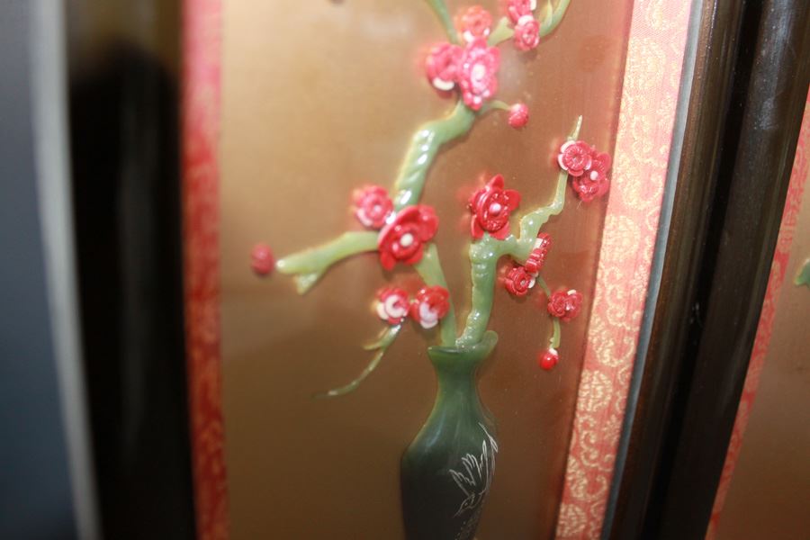 20th Century Chinese Black Lacquer Four Panel Table Screen With Inlay Jade And Semi Stone On Gold Lacquer Ground Taiwan - Estimate $400 [Photo 2]