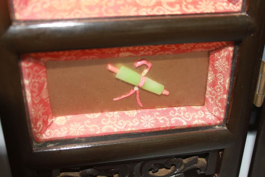 20th Century Chinese Black Lacquer Four Panel Table Screen With Inlay Jade And Semi Stone On Gold Lacquer Ground Taiwan - Estimate $400 [Photo 10]