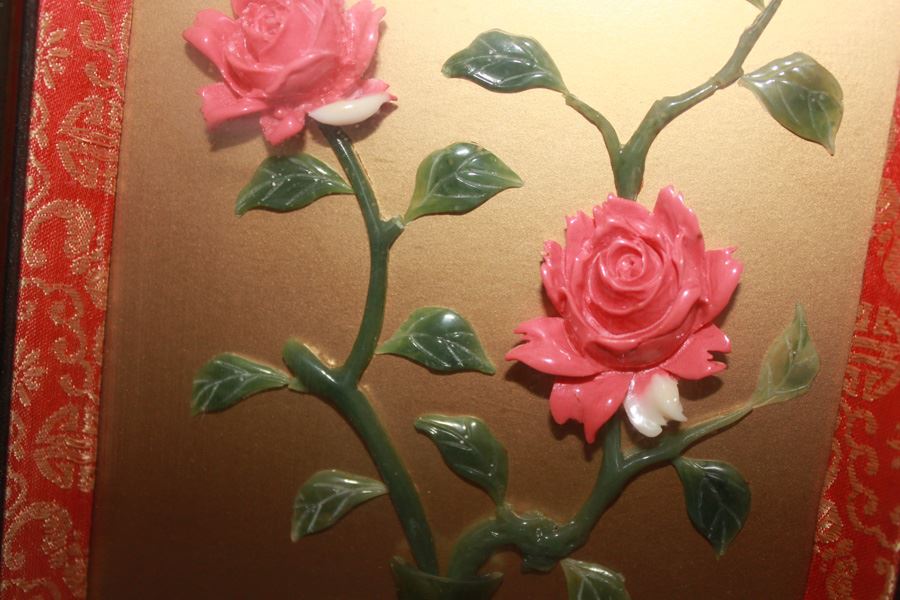 20th Century Chinese Black Lacquer Four Panel Table Screen With Inlay Jade And Semi Stone On Gold Lacquer Ground Taiwan - Estimate $400 [Photo 3]