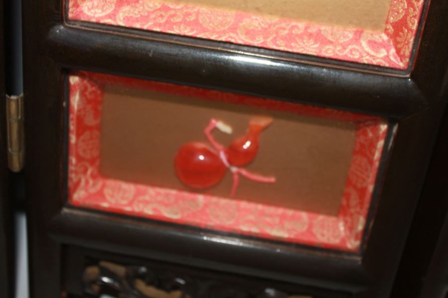 20th Century Chinese Black Lacquer Four Panel Table Screen With Inlay Jade And Semi Stone On Gold Lacquer Ground Taiwan - Estimate $400 [Photo 9]