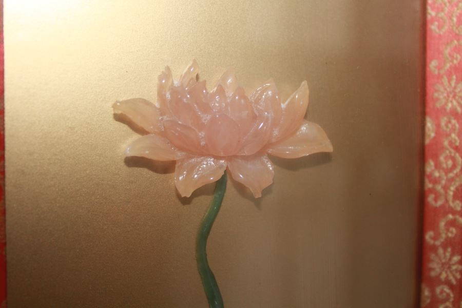 20th Century Chinese Black Lacquer Four Panel Table Screen With Inlay Jade And Semi Stone On Gold Lacquer Ground Taiwan - Estimate $400 [Photo 6]