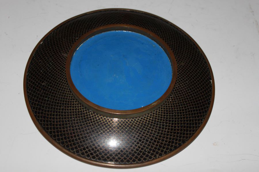 Vintage Pair of Black Cloisonne Vases And Plate China 20th Century With A Brass Rim And Base - Classic Gold Fish Scale Pattern Over A Black Base [Photo 7]