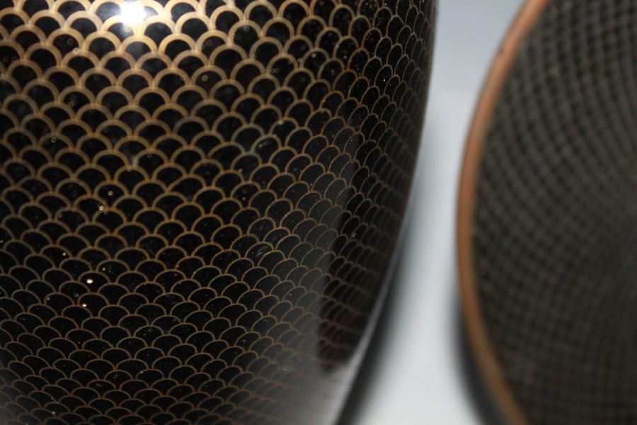 Vintage Pair of Black Cloisonne Vases And Plate China 20th Century With A Brass Rim And Base - Classic Gold Fish Scale Pattern Over A Black Base [Photo 4]