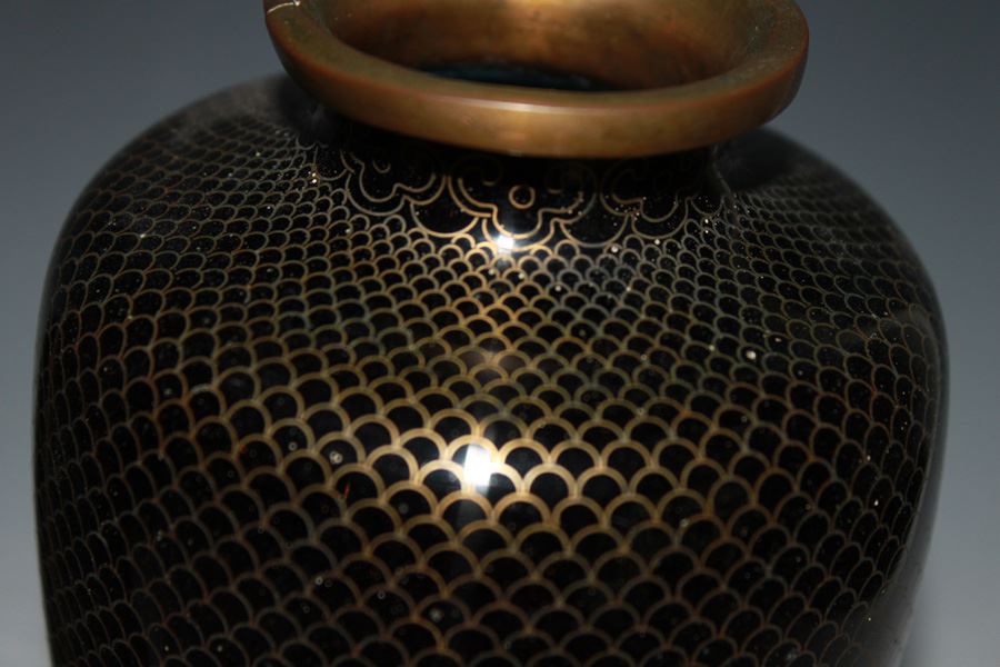 Vintage Pair of Black Cloisonne Vases And Plate China 20th Century With A Brass Rim And Base - Classic Gold Fish Scale Pattern Over A Black Base [Photo 2]
