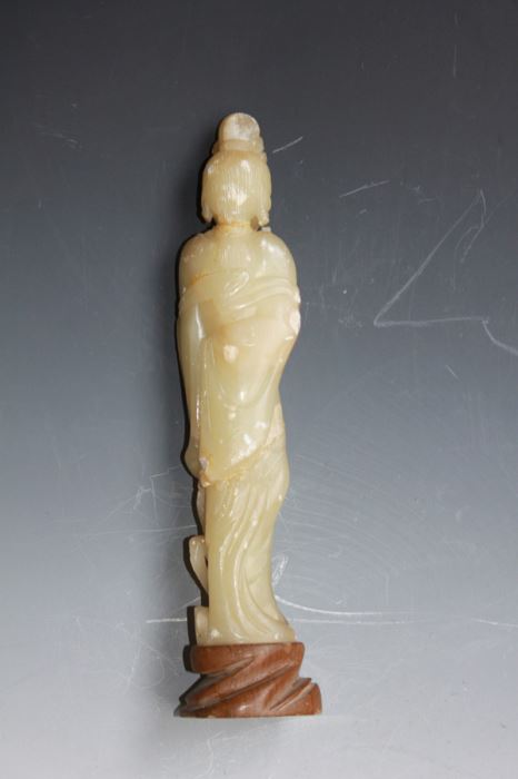 Old Chinese Sho Shan (Soapstone) Carved Figure Of A Standing Kuan Yin Late Ching Dynasty Circa 1900 With Wooden Stand - Estimate $150 [Photo 2]