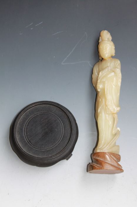 Old Chinese Sho Shan (Soapstone) Carved Figure Of A Standing Kuan Yin Late Ching Dynasty Circa 1900 With Wooden Stand - Estimate $150 [Photo 4]