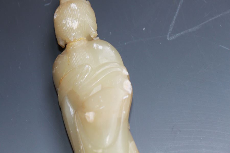 Old Chinese Sho Shan (Soapstone) Carved Figure Of A Standing Kuan Yin Late Ching Dynasty Circa 1900 With Wooden Stand - Estimate $150 [Photo 8]