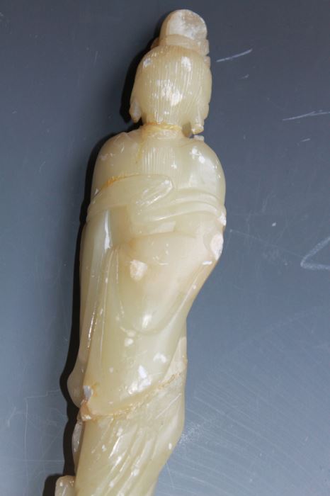 Old Chinese Sho Shan (Soapstone) Carved Figure Of A Standing Kuan Yin Late Ching Dynasty Circa 1900 With Wooden Stand - Estimate $150 [Photo 6]