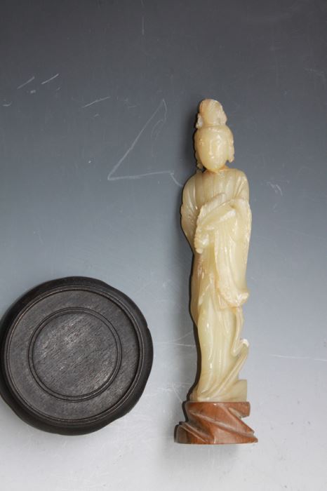 Old Chinese Sho Shan (Soapstone) Carved Figure Of A Standing Kuan Yin Late Ching Dynasty Circa 1900 With Wooden Stand - Estimate $150 [Photo 5]