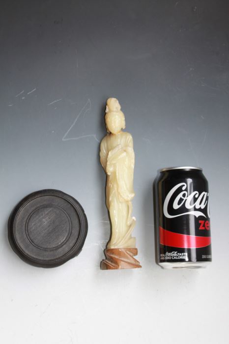 Old Chinese Sho Shan (Soapstone) Carved Figure Of A Standing Kuan Yin Late Ching Dynasty Circa 1900 With Wooden Stand - Estimate $150