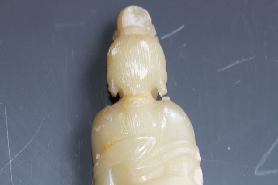 Old Chinese Sho Shan (Soapstone) Carved Figure Of A Standing Kuan Yin Late Ching Dynasty Circa 1900 With Wooden Stand - Estimate $150 [Photo 3]