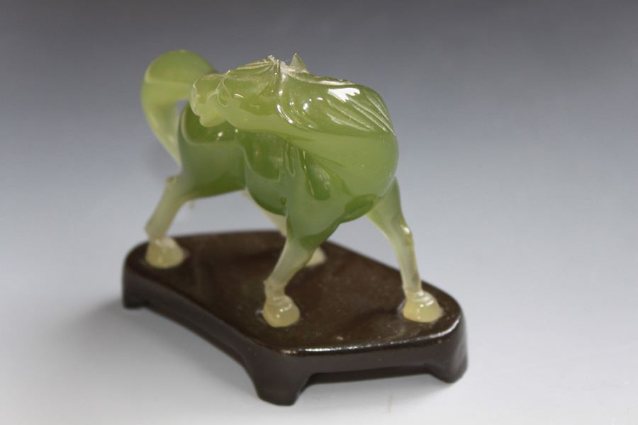 Vintage Finely Carved Jade Horse On Custom Wood Stand