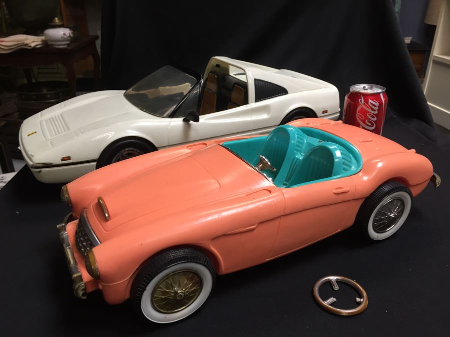 Vintage Pink Barbie Car Austin Healey (Steering Wheel Needs Repair) And 22' White Ferrari Car